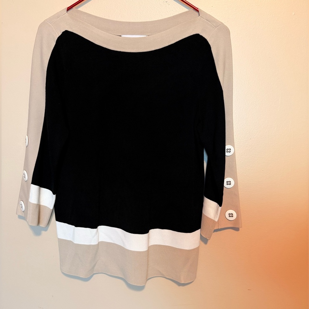 Joseph Ribkoff tan beige white black knit long sleeve shirt top